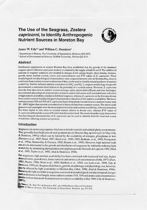The use of the seagrass, Zostera capricorni, to identify anthropogenic nutrient sources in Moreton Bay (Page 1)