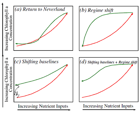 In the four idealized scenarios the red line shows the ecosystem trajectory with increasing nutrient inputs, while the green line is the return trajectory with decreasing nutrient inputs. âReturn to Neverlandâ is a return to previous conditions. In the âShifting Baselinesâ scenario, returning to previous conditions is impossible due to âforcing factorsâ, represented by the dotted line. (Image source: Duarte et al. 2009)