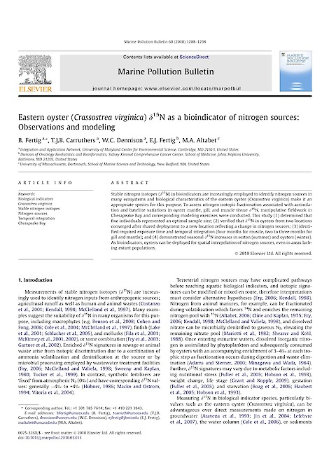 Eastern oyster (Crassostrea virginica) [delta]15N as a bioindicator of nitrogen sources: Observations and modeling (Page 1)