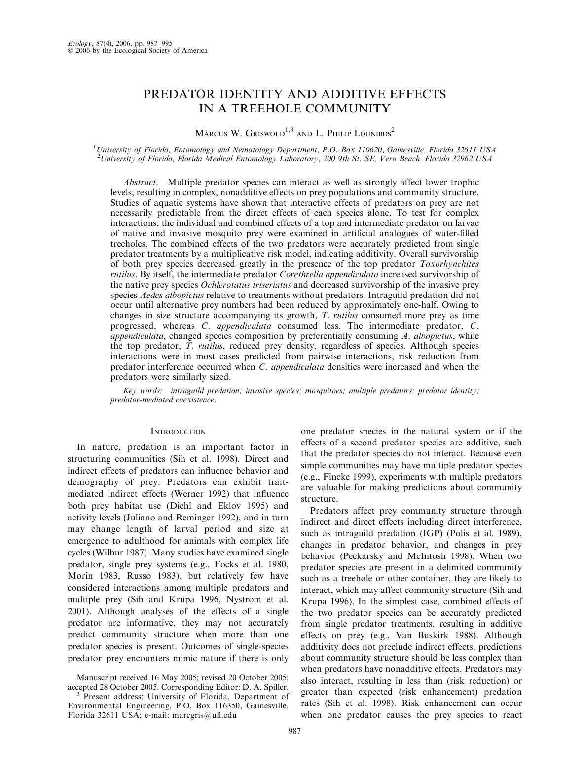 Predator identity and additive effects in a treehole community ...