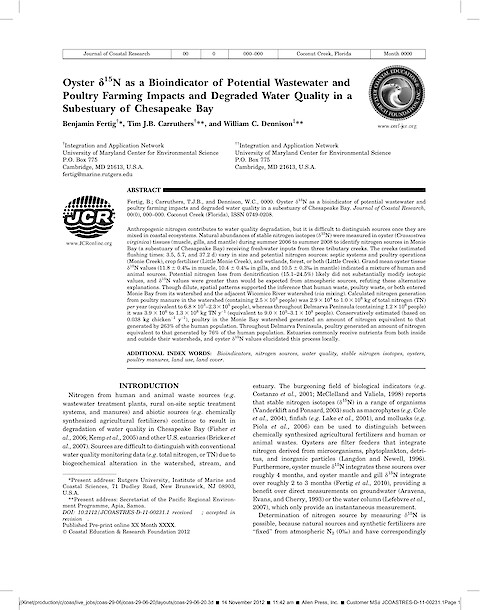 Oyster deltaN-15 as a Bioindicator of Potential Wastewater and Poultry Farming Impacts and Degraded Water Quality in a Subestuary of Chesapeake Bay (Page 1)