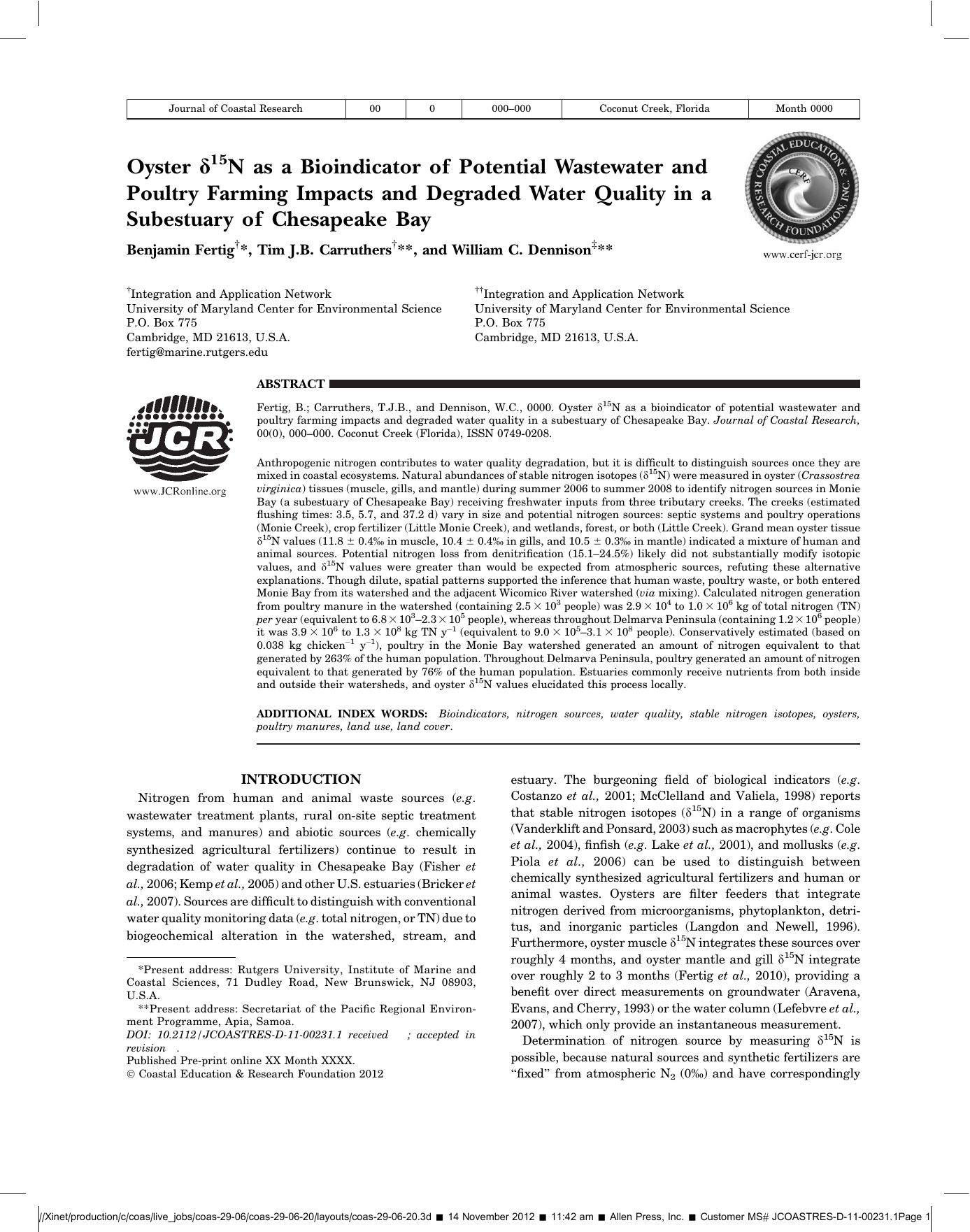 Oyster DeltaN 15 As A Bioindicator Of Potential Wastewater And Poultry 