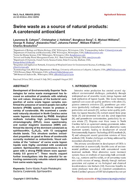 Swine waste as a source of natural products: A carotenoid antioxidant (Page 1)