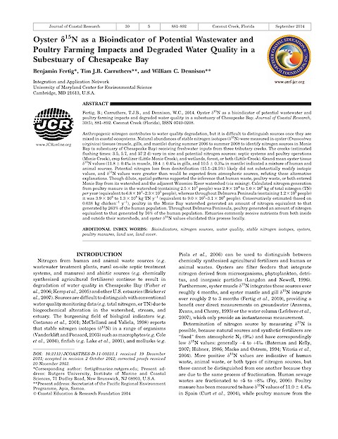 Oyster delta N-15 as a Bioindicator of Potential Wastewater and Poultry Farming Impacts and Degraded Water Quality in a Subestuary of Chesapeake Bay (Page 1)