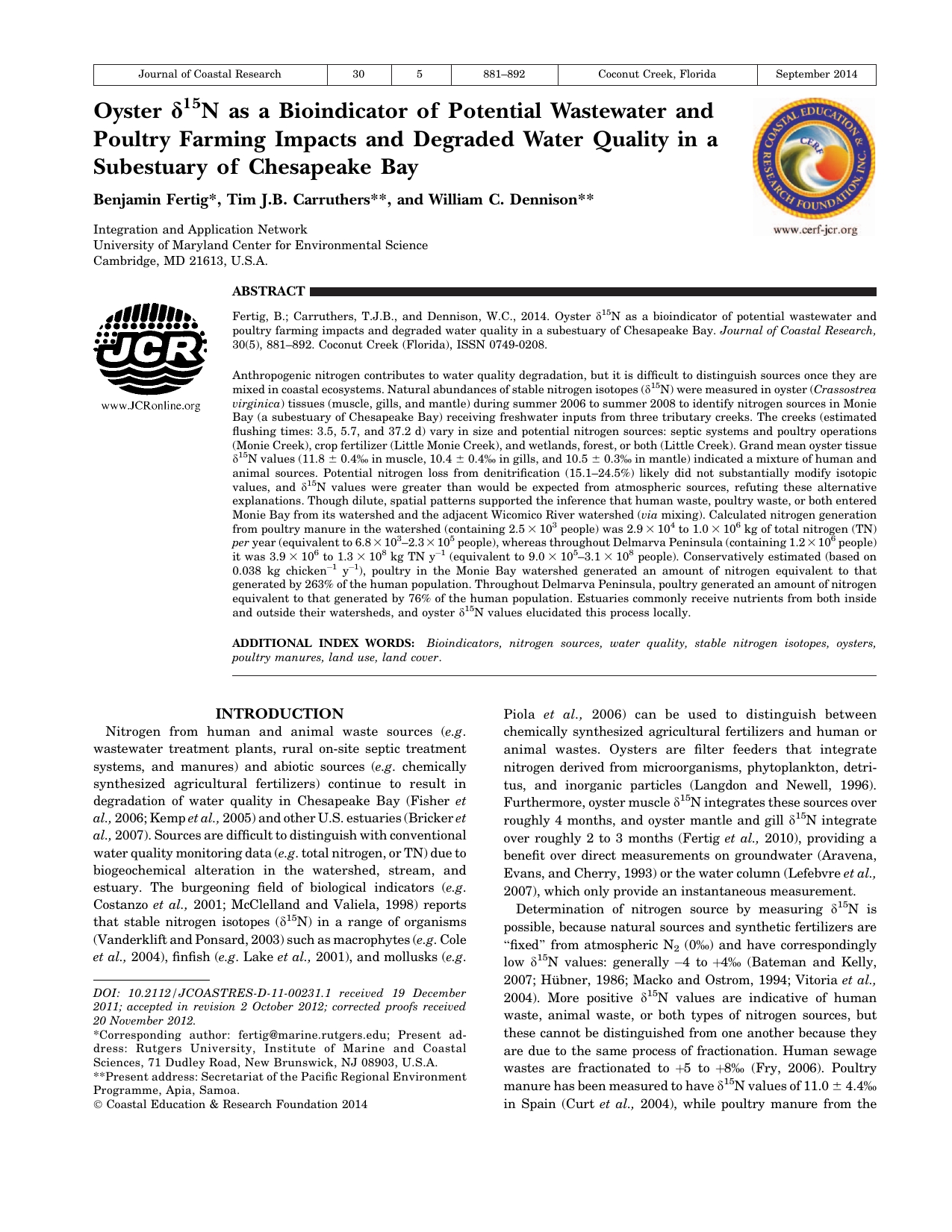 Oyster Delta N 15 As A Bioindicator Of Potential Wastewater And Poultry 