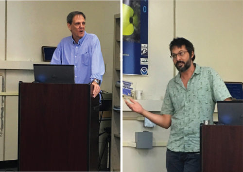 Left: Tom Giambelluca providing a big picture talk.  Right: Clay Trauernicht talking about forest fires in Hawaii. Photo credit: Bill Dennison