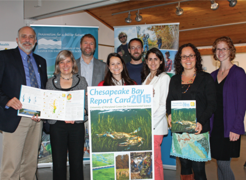 Bill Dennison, Amy Pelsinksy, Heath Kelsey, Brianne Walsh, Ben Wahle, Alex Fries, Jane Thomas and Jamie Testa at the release of the Chesapeake Bay Report Card.