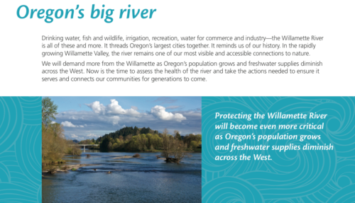 Top of the first page of the Willamette River Report Card. The first section of the Willamette River Report Card talks about the many reasons that the river is important to everyone in Oregon.