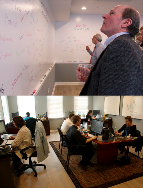 In addition to our large seminar room and whiteboard walls (top), the new office boasts an impressive upstairs workspace (bottom). Photo credit: James Currie and Heath Kelsey