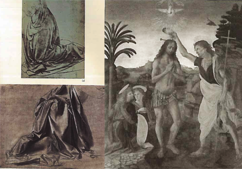Left: Da Vinci practiced drawing fabrics from real life. Right: he then incorporated what he learned into his painting of the Baptism of Christ. Credit: Leonardo's Legacy and Leonardo's Notebooks.