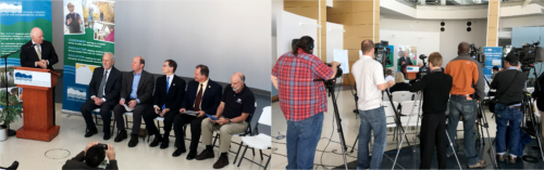 The event was attended by a variety of public servants, including Senator Ben Cardin (standing) Dr. Don Boesch, Nick DiPasquale, Ben Grumbles, Mark Belton, and Dr. Bill Dennison (left). The event also had a significant press presence (right). Photo Credit: Suzi Spitzer