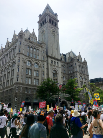 Crowds building in front of the Trump Hotel. Image credit: Emily Nastase