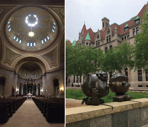 During my early-morning exploration of Saint Paul, I was able to seeÂ the inside of the city's gorgeous Roman-Catholic cathedral before morning mass (left), and the Landmark Center, overlooking statues of Peanuts characters in Rice Park (right).