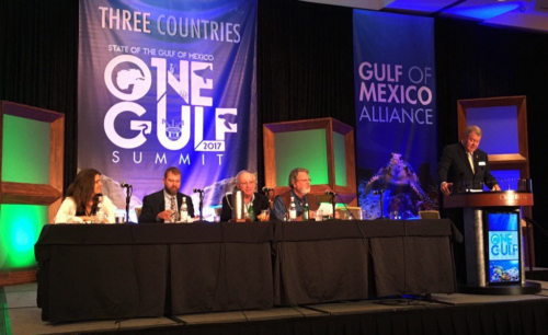 The panel is composed of Mandy Karnauskas, Heath Kelsey, Mark Harrell and Jack Gentile and is facilitated by Larry McKinney from the Harte Research Institute for Gulf Studies at Texas A&M. Image credit: Don Boesch