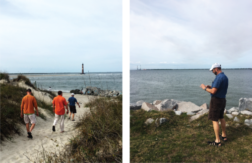 Left: Dan, Dwayne, and Heath walking out to the Folly Island Lighthouse Inlet Heritage Preserve. Right: Heath about to snap a photo from the Fort Johnson lawn. Image credit: Emily Nastase