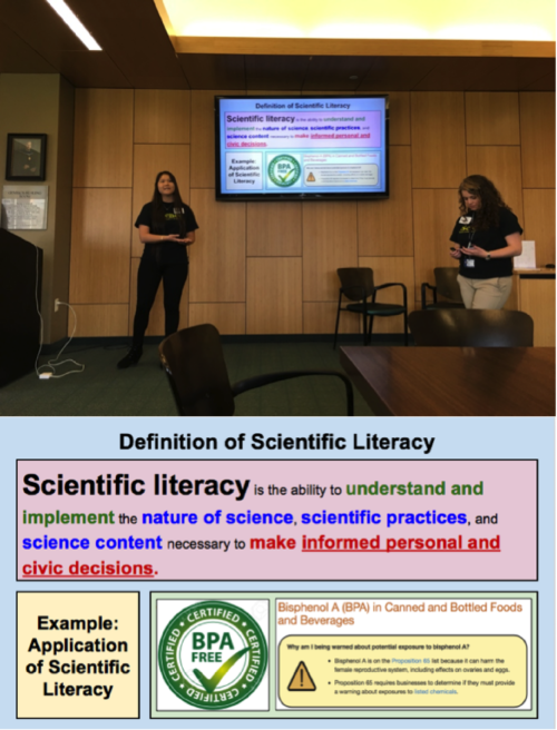 Top: Two students discuss the definition of science literacy. Image credit: Brianne Walsh. Bottom: The definition of science literacy, as described by the University of Rochester Warner School of Education. Image credit: University of Rochester Warner School of Education.