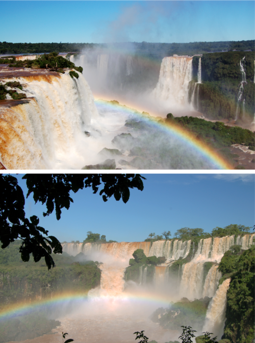 Top: Iguazu Falls from the Brazilian side. Bottom: Iguazu Falls from the Argentinian side. Image credit: Alex Fries