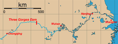 Map of the location of the Three Gorges Dam. Image credit: Rolfmueller (commons) â Rolfmueller (wp-en) - from en wp, CC BY-SA 3.0, https://commons.wikimedia.org/w/index.php?curid=716968