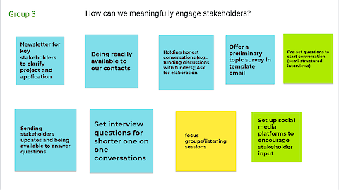 Screenshot of class’s Jamboard with sticky notes describing ways to meaningfully engage stakeholders.