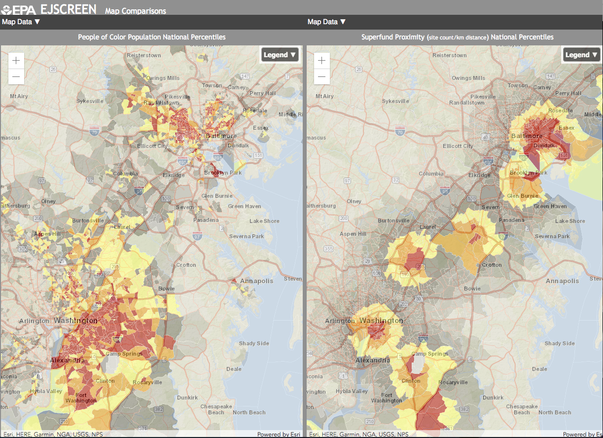 Screenshot of a side-by-side EPA EJSCREEN map showing the proximity of people of color to superfund sites in the Washington, D.C. and Baltimore, Maryland areas.