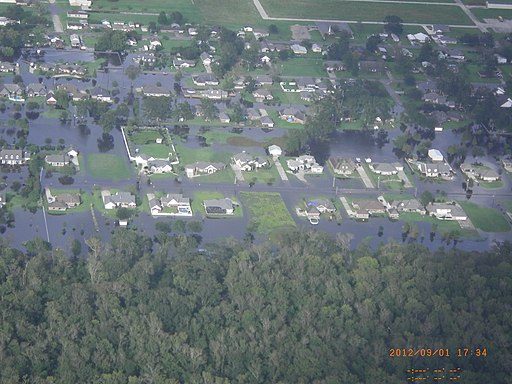 An aerial view of a flooded neighborhood in Louisiana.