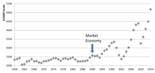 This graph shows the growth of the market economy per capita. The y axis demonstrates the capitum times ten thousand, and the x axis demonstrates time. Image credit here