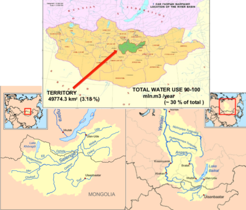 Maps of the three major river watersheds of the Tuul River. Top center is the Tuul River watershed. Bottom left shows the Selenge River watershed, and bottom right shows the Yenisei watershed. Image credits here, here and here