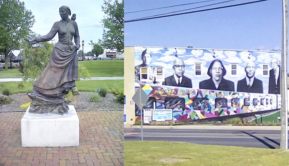 Collage of two photos, left photo is a statue of Harriet Tubman and the right photo is a building mural of prominent and historical African American figures.