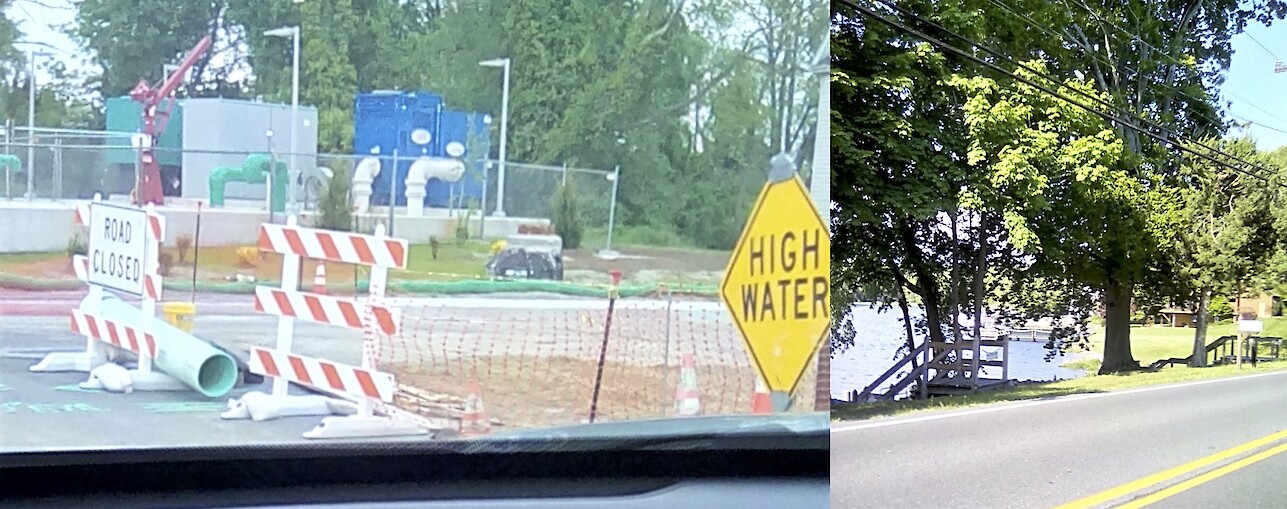 Collage of two different streets both parallel to the Wicomico River. The left photo is a street that has high-water warning signs posted, the right photo is a street on elevated ground.
