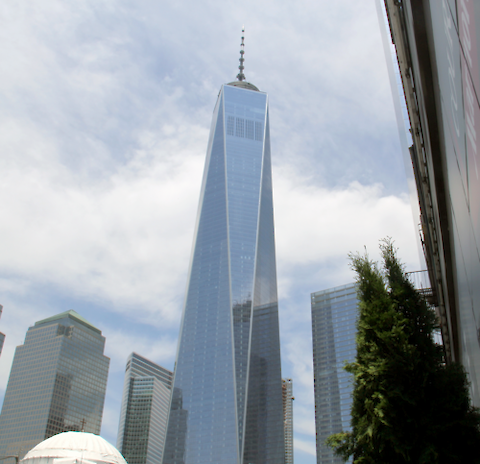 The view of the One World Trade Center from the front door of our hotel. Image creditÂ James Currie