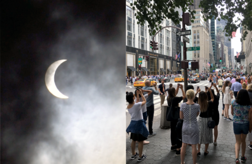 Right: A view of the eclipse through Dylan,  camera. Left: a view of the New Yorkers (possibly dangerously) trying to get a glimpse of the eclipse themselves. Image credits Dylan Taillie and Emily Nastase