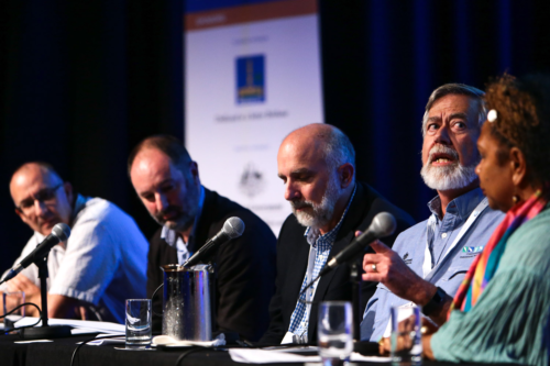 From left to right: Bill Young, David Tickner, Bill Dennison, Mr. David Papps and Anne Poelina speaking at the Riversymposium.