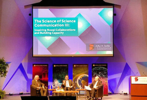 Opening panel of the Science of Science Communication III with Drs. Baruch Fischhoff (left) and Alan Leshner (right) and moderator Mr. Frank Sesno (center).