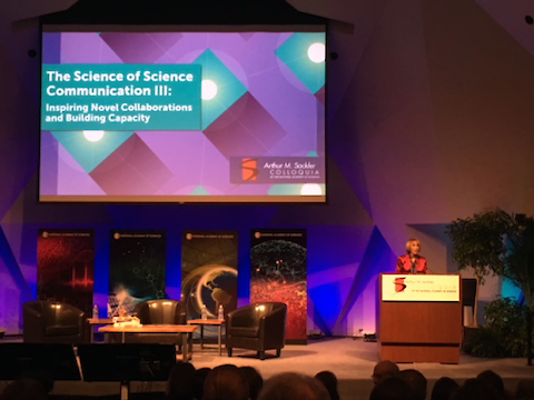 Dr. Marsha McNutt, President of the National Academies of Science, opening the Science of Science Communication III conference. Image credit Bill Dennison