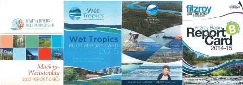 Nested beneath the Great Barrier Reef Report Card are several finer-scale report cards, which assess smaller areas such as the Mackay-Whitsunday region, the Wet Tropics, Gladstone Harbor, and the Fitzroy Basin (left to right).