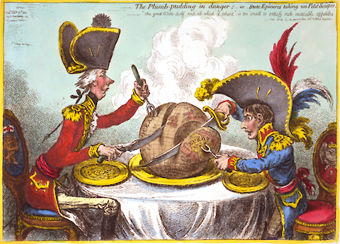 An old political cartoon in which William Pitt (on the left) sits with Napoleon at a table. They are slicing a plum pudding in the shape of the world. Napoleon has a smaller share of the world-pudding than William Pitt.1