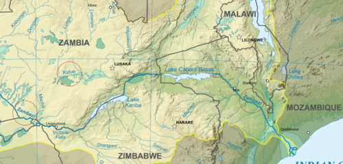 Map of Zambia showing Kafue River, and the Zambezi River. Zambezi river basin-en. Licensed by Eric Gaba under CC BY 3.0.