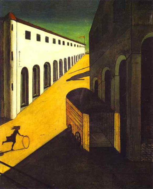 Giorgio de Chirico's classic work uses reds and yellows to add a layer of desperate energy to an image. While this image feels warm, his use of contrast and shadows do not make it feel friendly. Misterio e malinconia di una strada.  created by Giorgio de Chirico. licensed under CC BY-SA 4.0.