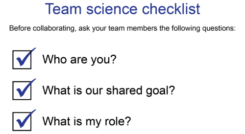At the start of a collaborative process, science teammates should introduce themselves to each other, make sure they have a common understanding of the project, and clarify their own roles within the team.