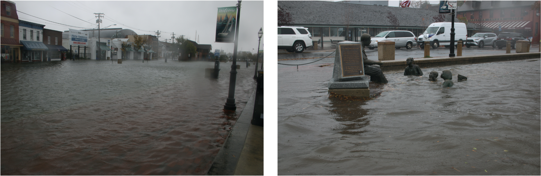 Photo one is an Annapolis street is covered with a couple inches of standing floodwater, and photo two is the Annapolis floodwater has partially submerged the Kunta Kinte-Alex Haley Memorial statues.
