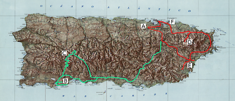 Map of mainland Puerto Rico marked with field trip sites and travel routes. The first day (green) took us from BayamÃ³n (A) to GuÃ¡nica Dry Forest (B) to a small-scale coffee plantation (C). Day two included El Yunque Rainforest (D), the agriculture areas near Humacao (E), y la Placita de Santurce (F). Map by USGS.