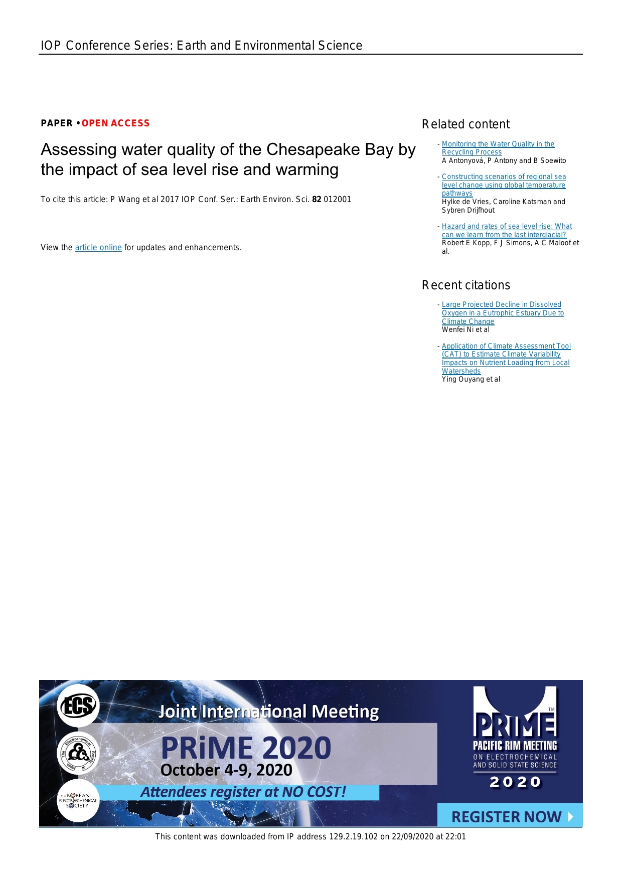 Assessing water quality of the Chesapeake Bay by the impact of sea