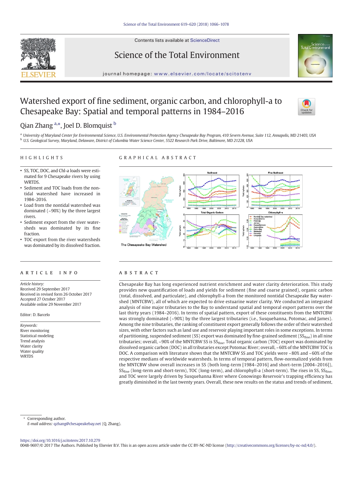 Watershed export of fine sediment, organic carbon, and chlorophyll-a to ...