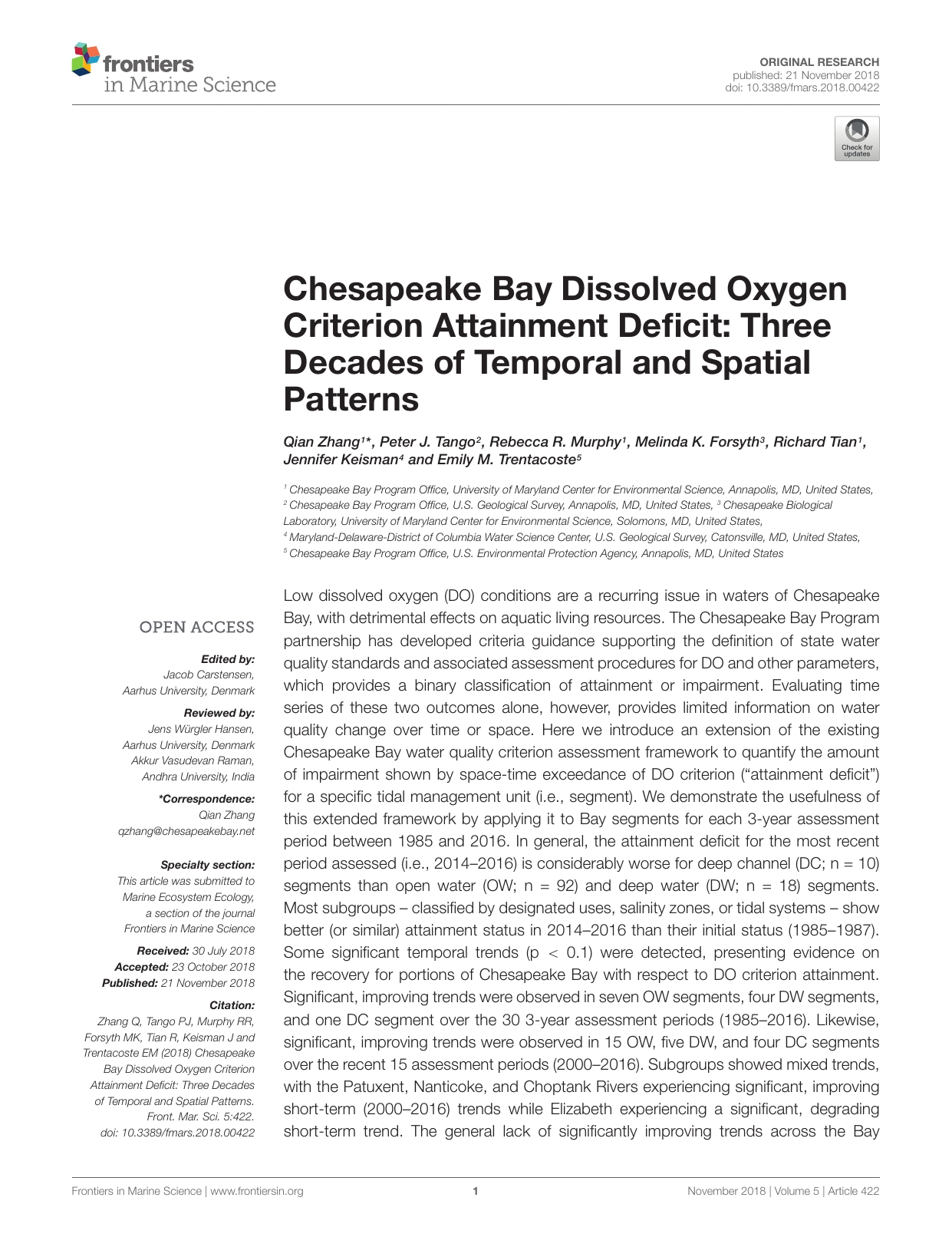 Chesapeake Bay Dissolved Oxygen Criterion Attainment Deficit Three Decades Of Temporal And