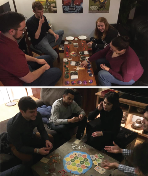 Playing Cosmic Encounter (top) and Catan (bottom) with friends.