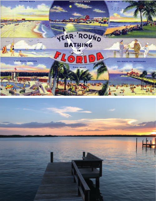 A 1942 postcard boasts year 'round sun bathing in iconic Florida beaches, including St. Petersburg (top). Waterfront view of the home my great-grandfather built in St. Petersburg, Florida back in the 1970's (bottom). (