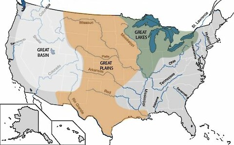 Estimated extent of Native American tribes of the Great Basin, Great Plains and Great Lakes regions. (Image modified fromÂ âMap of Major Rivers in USâÂ by Luketime fromÂ Wikimedia CommonsÂ is licensed under CC BY-SA 3.0.)