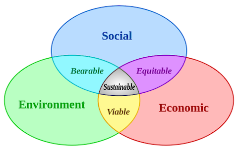 The three circles of sustainability are social, environmental, and economic circles. When these circles are working in balance, as depicted by the central intersection,Â  this means that our earth system is sustainable. (