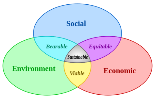 The three circles of sustainability are social, environmental, and economic circles. When these circles are working in balance, as depicted by the central intersection,  this means that our earth system is sustainable. (