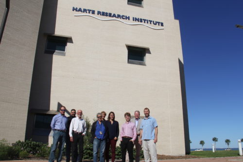 Participants at the Texas Coast Ecosystem Health Report Card meeting at Harte Research Institute, Corpus Christi, Texas. From left to right: Mike Wetz, Quentin Hall, Chris Onuf, Kim Withers, Terry Palmer, Jennifer Pollack, Jamie Currie, Larry McKinney, and Heath Kelsey. Photo credit: Jamie Currie.